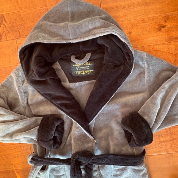 Elexander Del Rossa Mens Robe, Plush Fleece Hooded Cozy Bathrobe Sz L Gray/Black - Picture 5 of 11